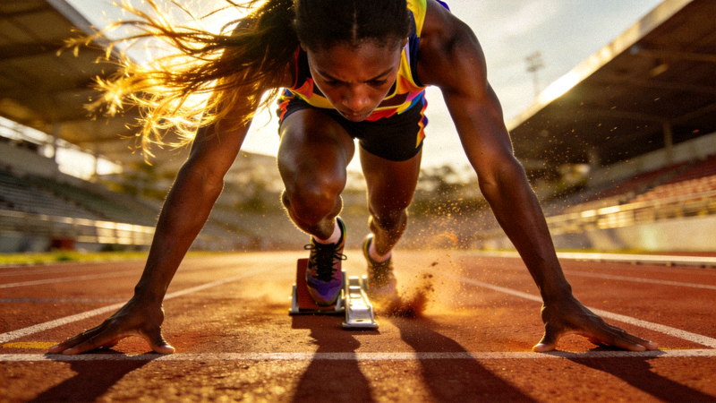 田径赛场上短跑运动员起跑瞬间的爆发力展现